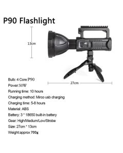 NEW P90 Portable Powerful LED Flashlight Handheld Searchlight USB Rechargeable Spotlight Waterproof Torch Work Light Outdoor