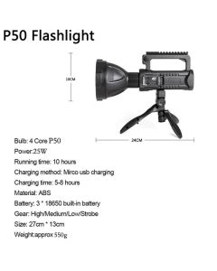 NEW P50 Portable Powerful LED Flashlight Handheld Searchlight USB Rechargeable Spotlight Waterproof Torch Work Light Outdoor