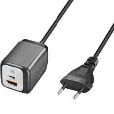 USB-laddare 1xUSB-A + 1xUSB-C med fast kabel 1,5m GaN 30W