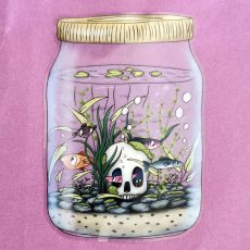 Klistermärke, 9,3 x 6,7 cm - Life in a jar, Skull and fishes