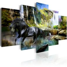 Tavla - Black horse on the background of paradise waterfall