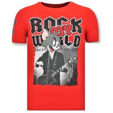 T-Shirt Män - Rock My World Cat - Röd