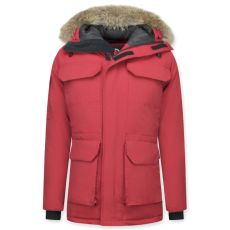 Män Parka Vinterjacka - Large Real Fur Collar - Röd