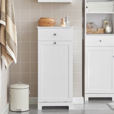 Badrumsskåp med tvättkorg och lådor, Förvaringsmöbel badrum, Längd 40 cm Bredd 38 cm Höjd 90 cm vit BZR21-W